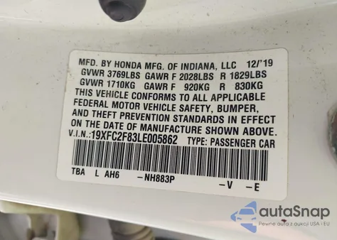 2020 Honda Civic Sport из США, поврежденный, VIN 19XFC2F83LE005862
